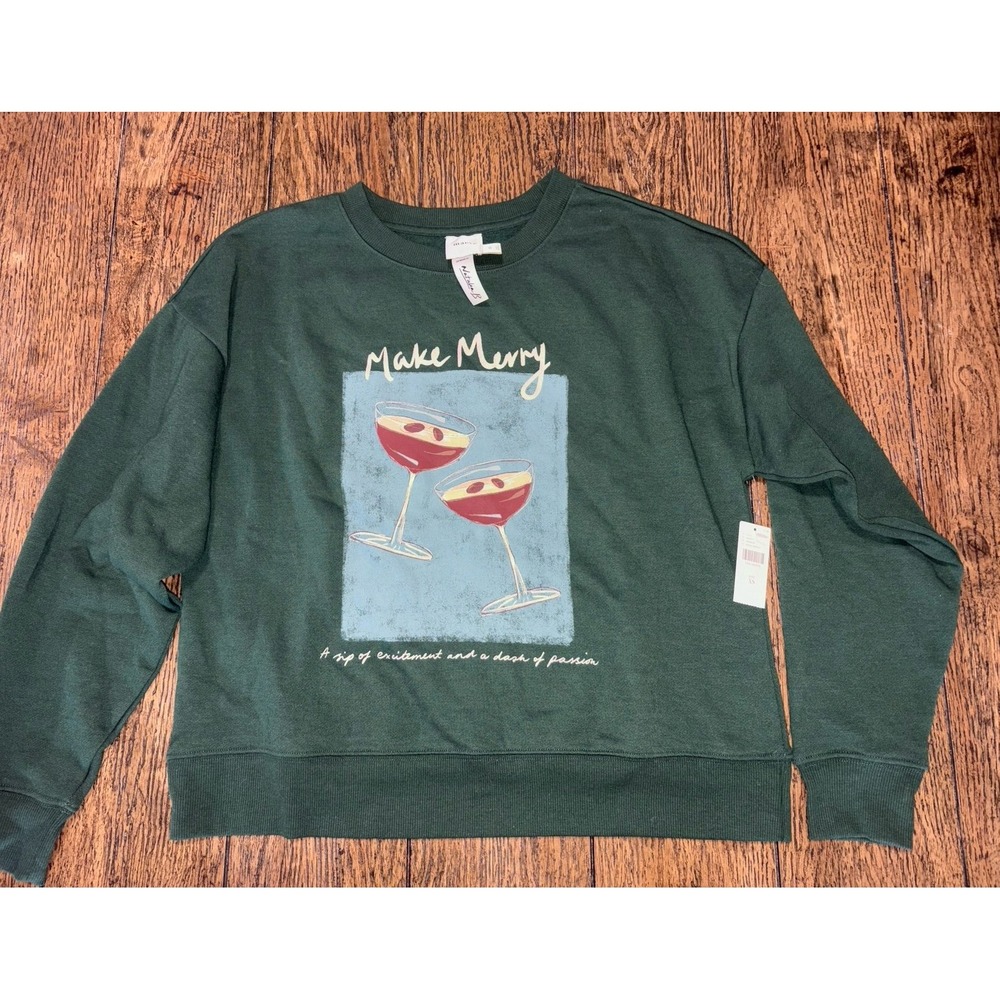 NWT Anthropologie Maeve x Natalia Bagniewska Cocktail Sweatshirt Top *MAKE MERRY